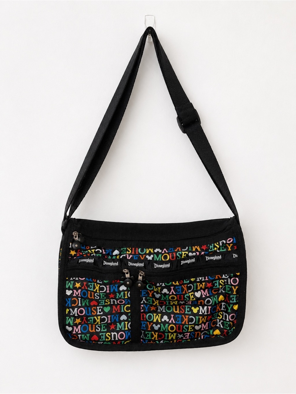 VTG DISNEYLAND RESORT Mickey Mouse Nylon Crossbody Bag Blk All Over Print 14"X9"